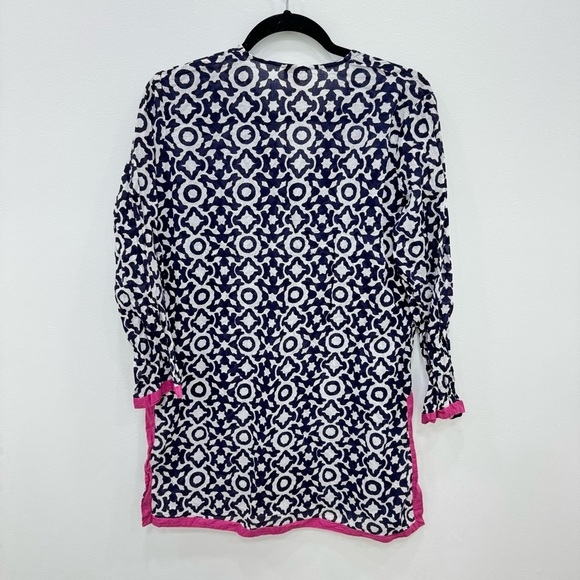 Roberta Roller Rabbit Navy Blue White Trellis Pink Trim Cotton Tunic Sz M - Picture 2 of 5